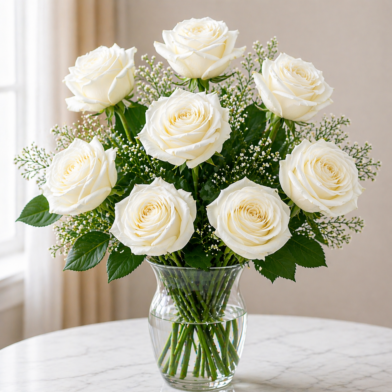 Elegant White Roses in Glass Vase