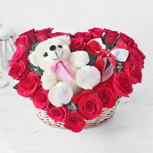 Heart Shaped Basket of Red Roses with Teddy Heart Shaped Basket of Red Roses with Teddy