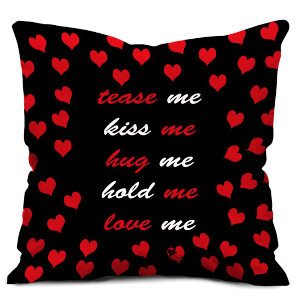 Tease Hug Kiss Me Text with Floating Hearts Cushion Cover, Black & Red