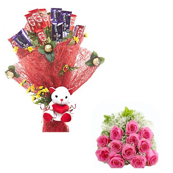 Chocolate Bouquet with Teddy and pink roses