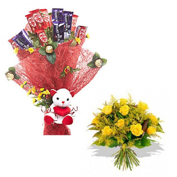 Chocolate Bouquet with Teddy and yellow roses