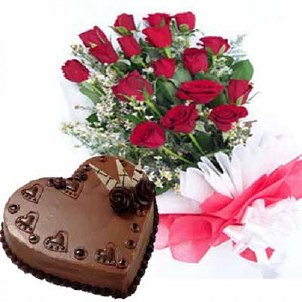 18 Red Roses & Chocolate Cake