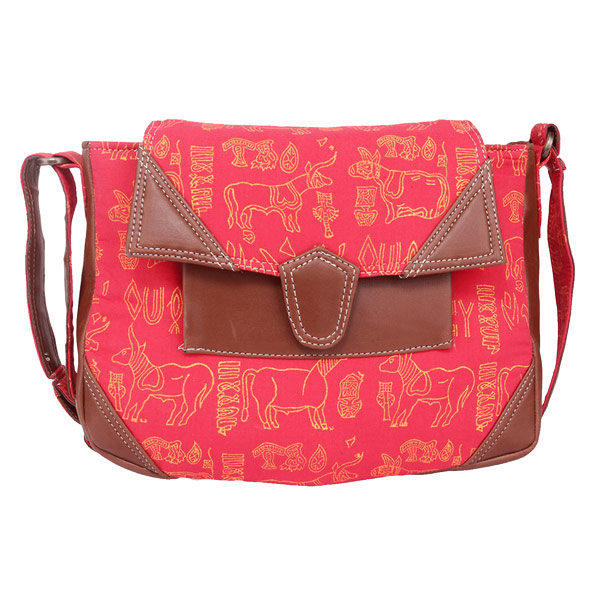 Indha Craft Animal Design Hand Block Printed Red Colour Sling Bag for Girls/Women