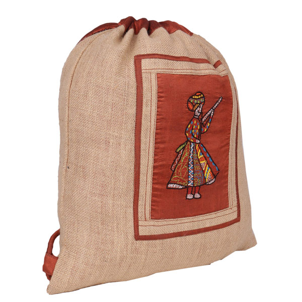 Indha Craft Natural Jute Rajsthani Man Embroidery Work Drawstring Bag/ Sports Bag (Brown Colour)