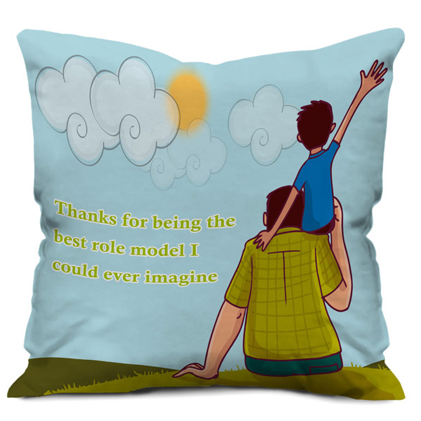 Role Model Quote Text with Father Son Cartoon Satin Cushion Cover (12X12, Multi)
