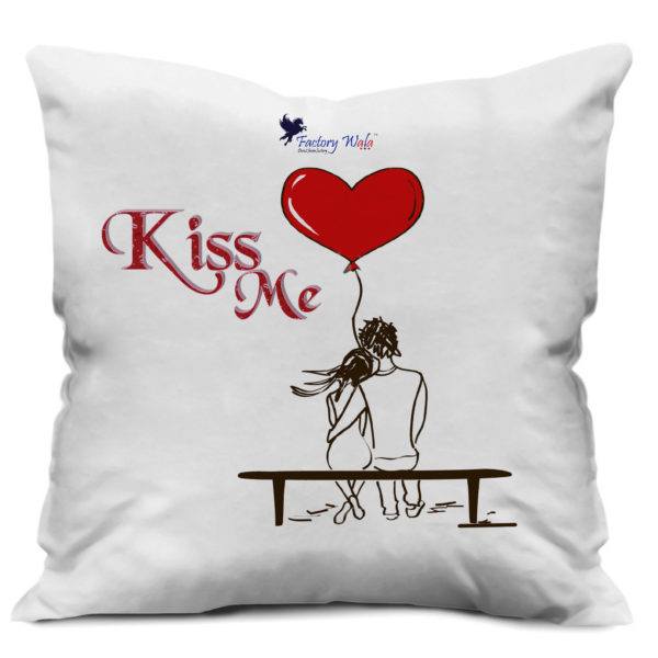 Romantic Couple Sitting on Bench Kiss Me Text Print Satin Cushion Cover. White