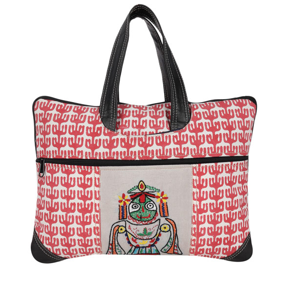 Indha Craft 14 inch Cotton Jagannath Hand Embroidery Work Stylish Laptop Bag for Men/Women