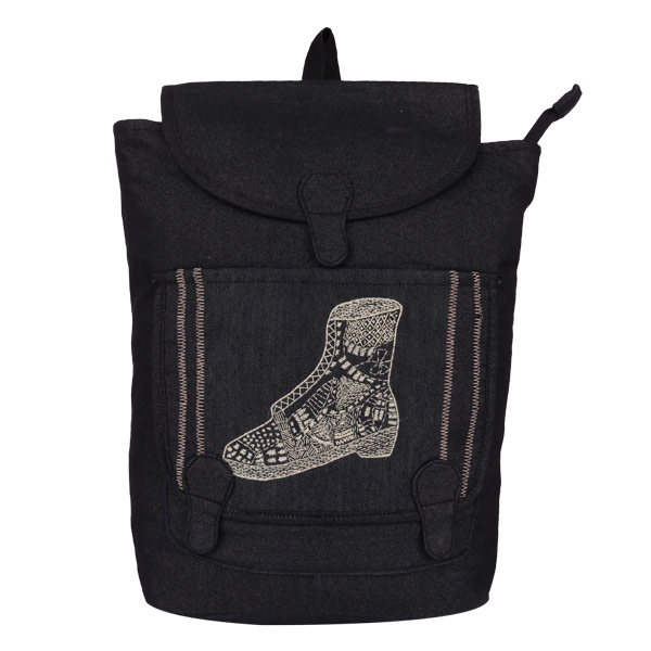 Indha Craft Shoe Hand Embroidery Black Colour Denim Unisex Backpack Bag